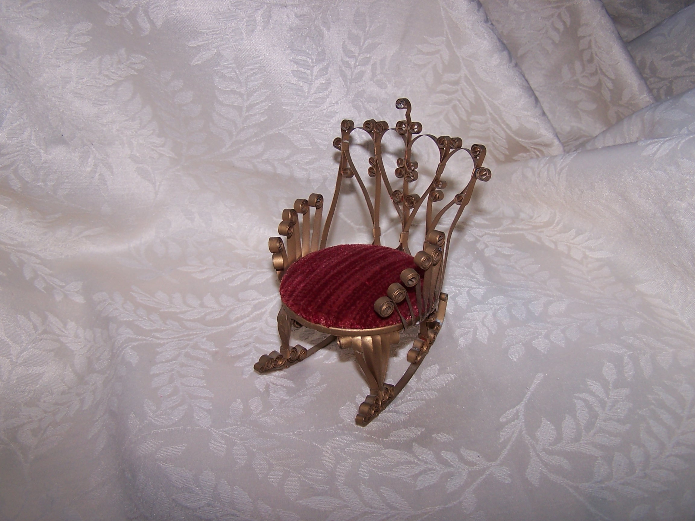 Quilled Pin Cushion Rocking Chair, Gold, Red Plush, Vintage