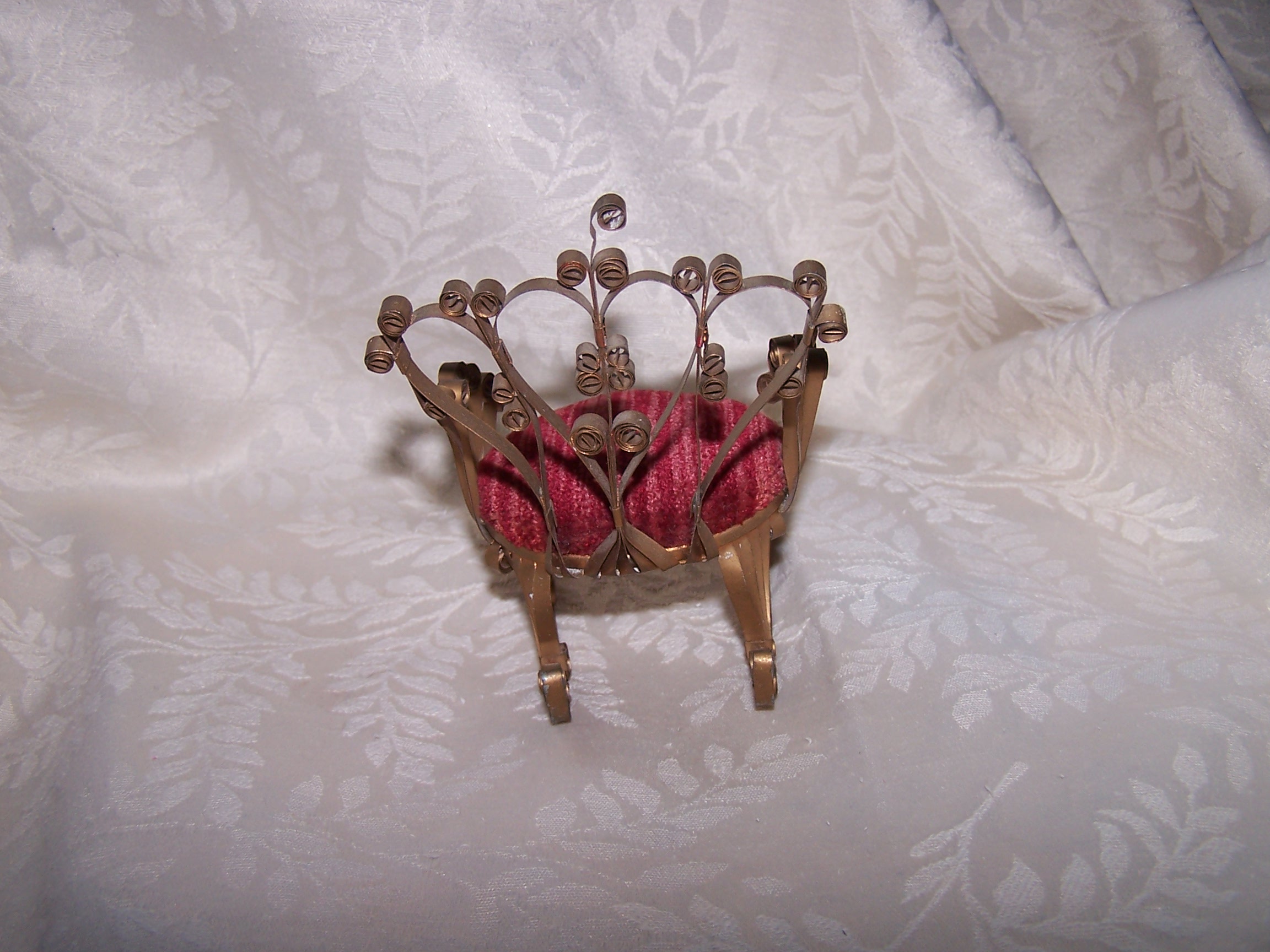 Image 1 of Quilled Pin Cushion Rocking Chair, Gold, Red Plush, Vintage