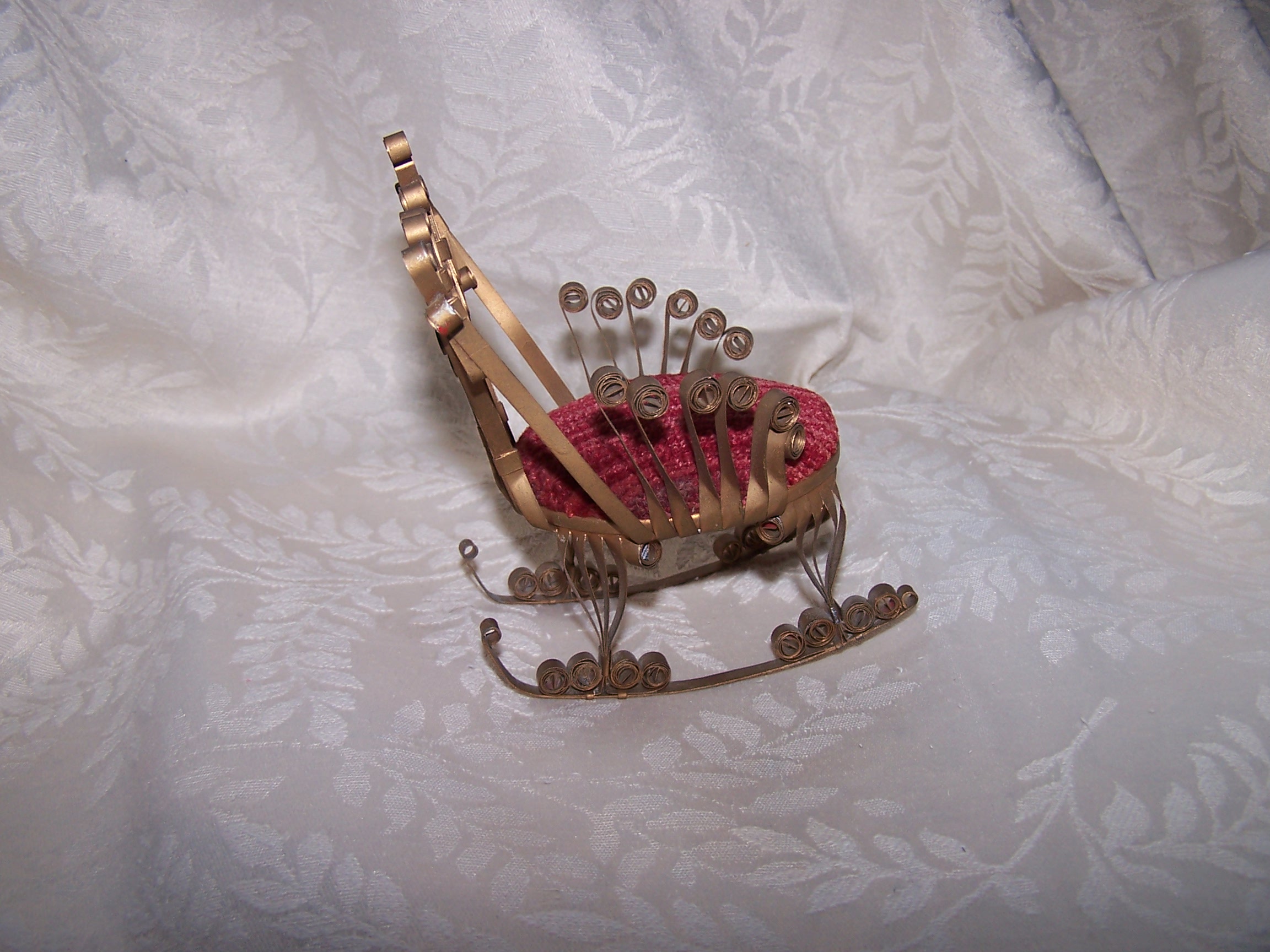 Image 2 of Quilled Pin Cushion Rocking Chair, Gold, Red Plush, Vintage