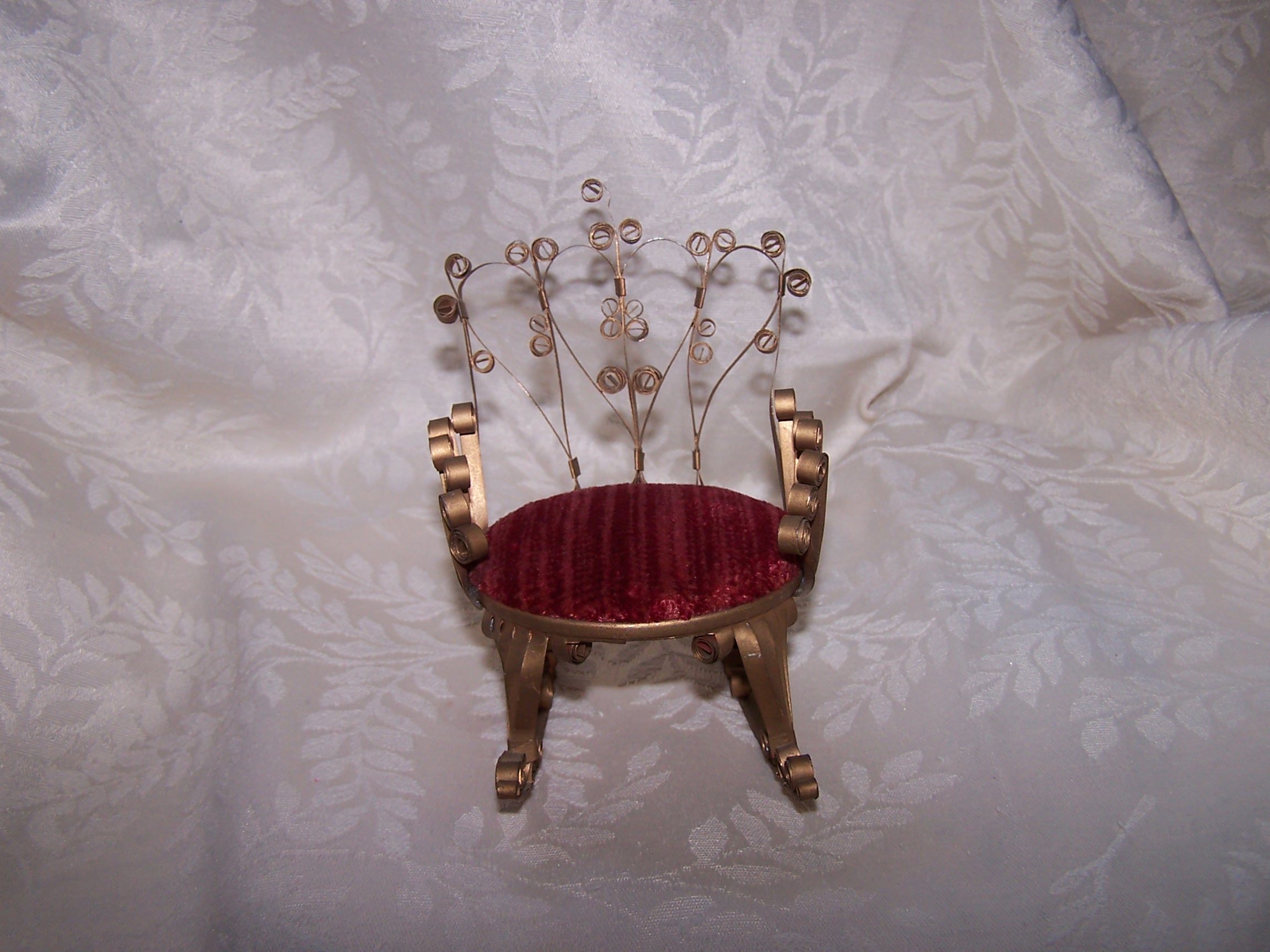 Image 3 of Quilled Pin Cushion Rocking Chair, Gold, Red Plush, Vintage