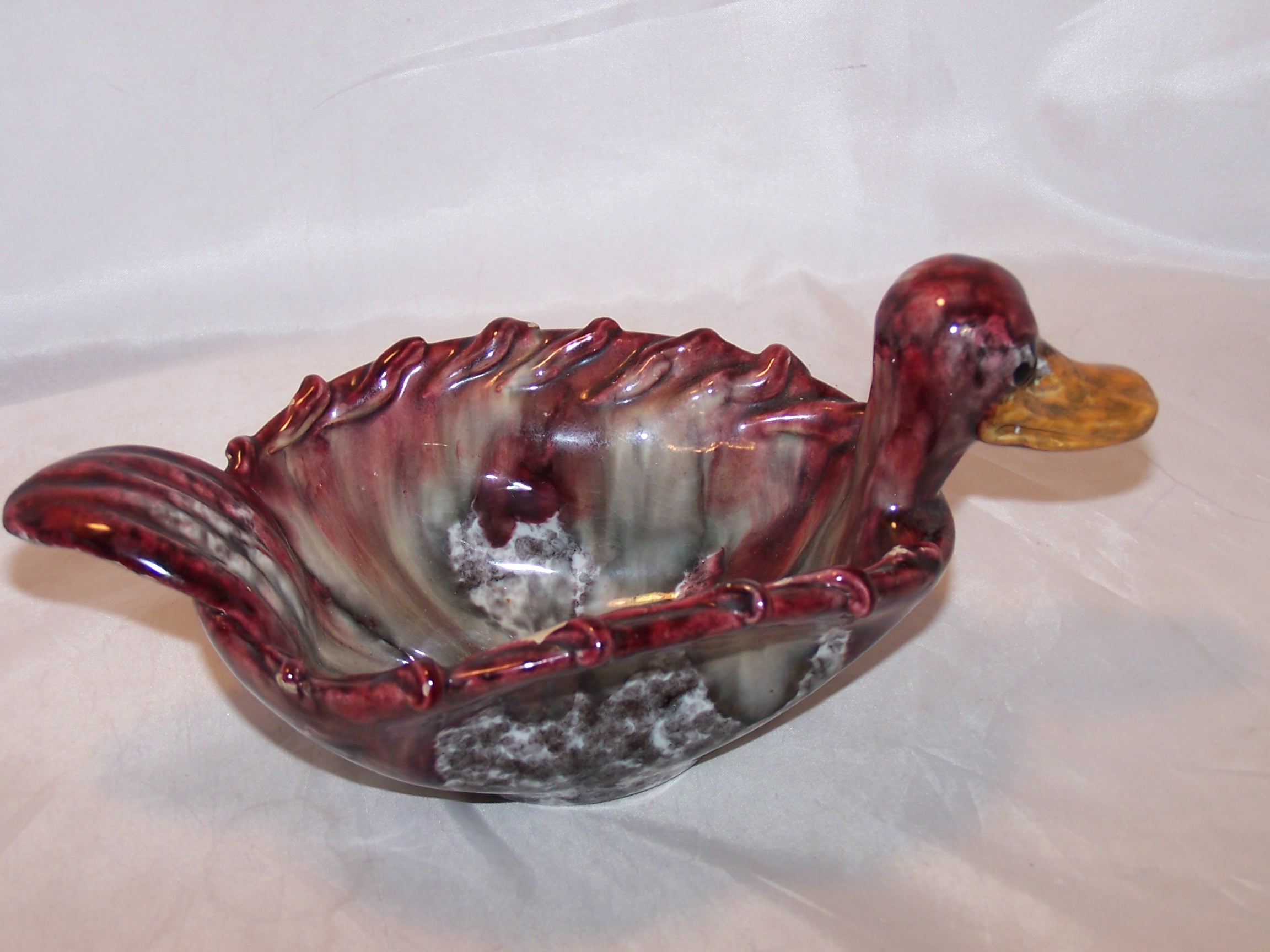 Image 2 of Italian Art Pottery Duck Bowl, Maroon, Gray, Orange