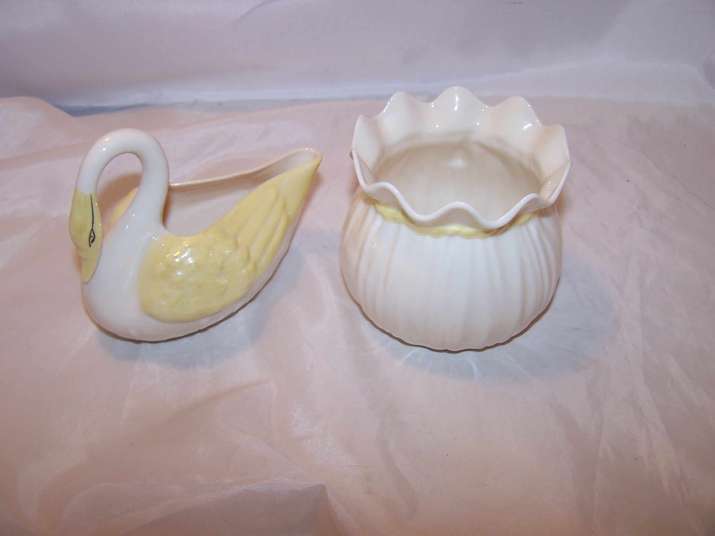 Image 1 of Belleek Ireland, First Brown Mark, Swan Creamer, Bag Sugar