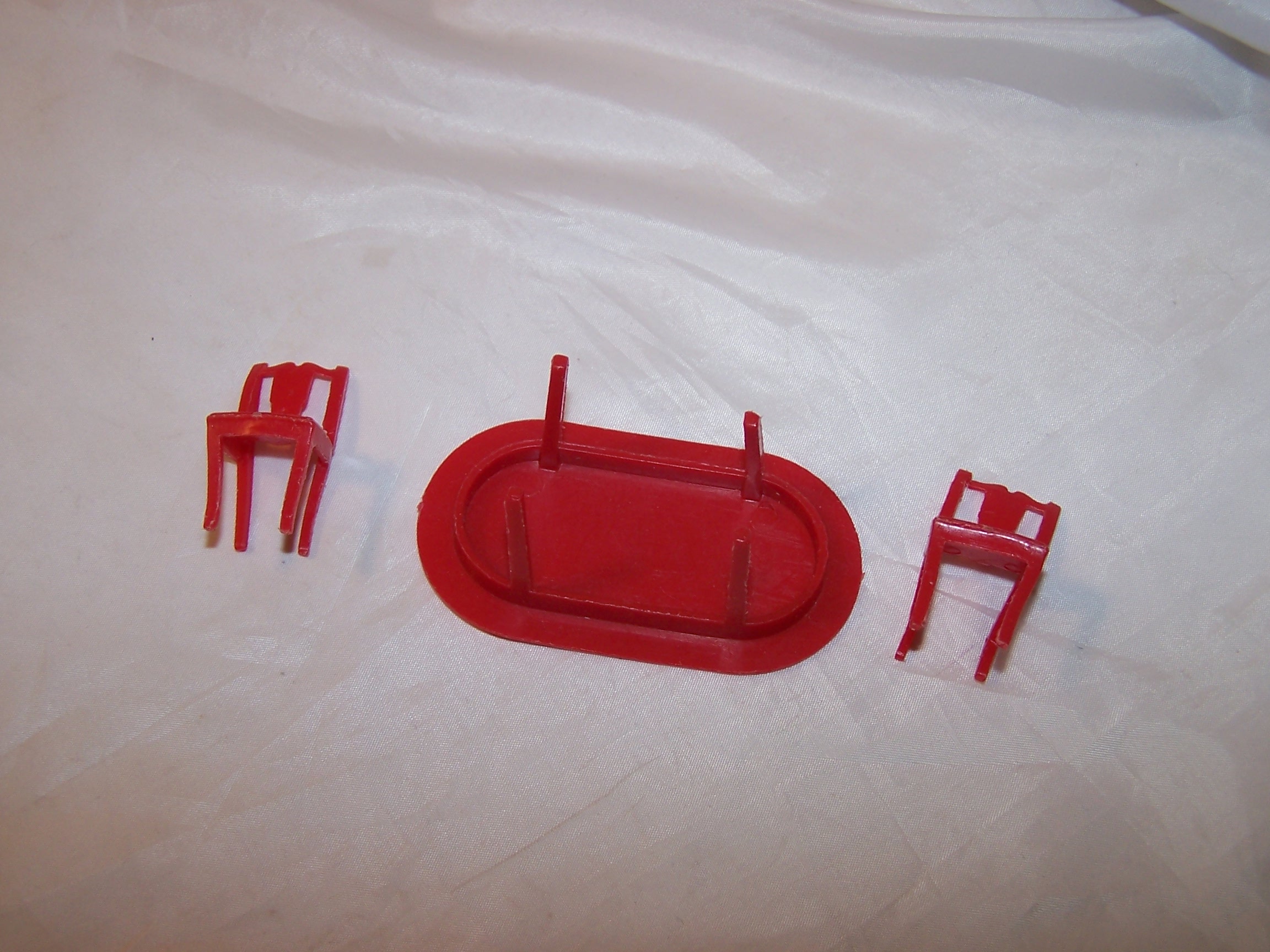 Image 2 of Dollhouse Table and Chairs, Red Plastic, Vintage