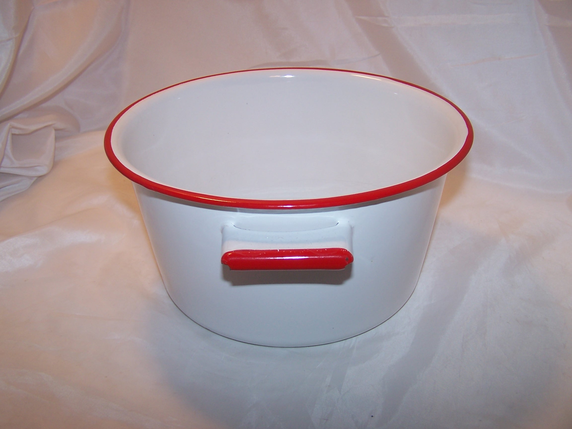 Image 1 of Enamelware Enamel Clad Cooking Pot Red White Vintage