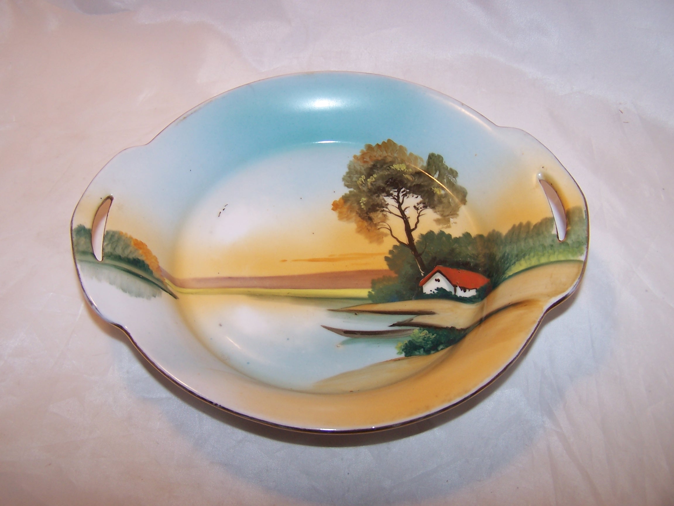 Veggie Bowl, Hand Painted, Lake Scene, Japan, Vintage