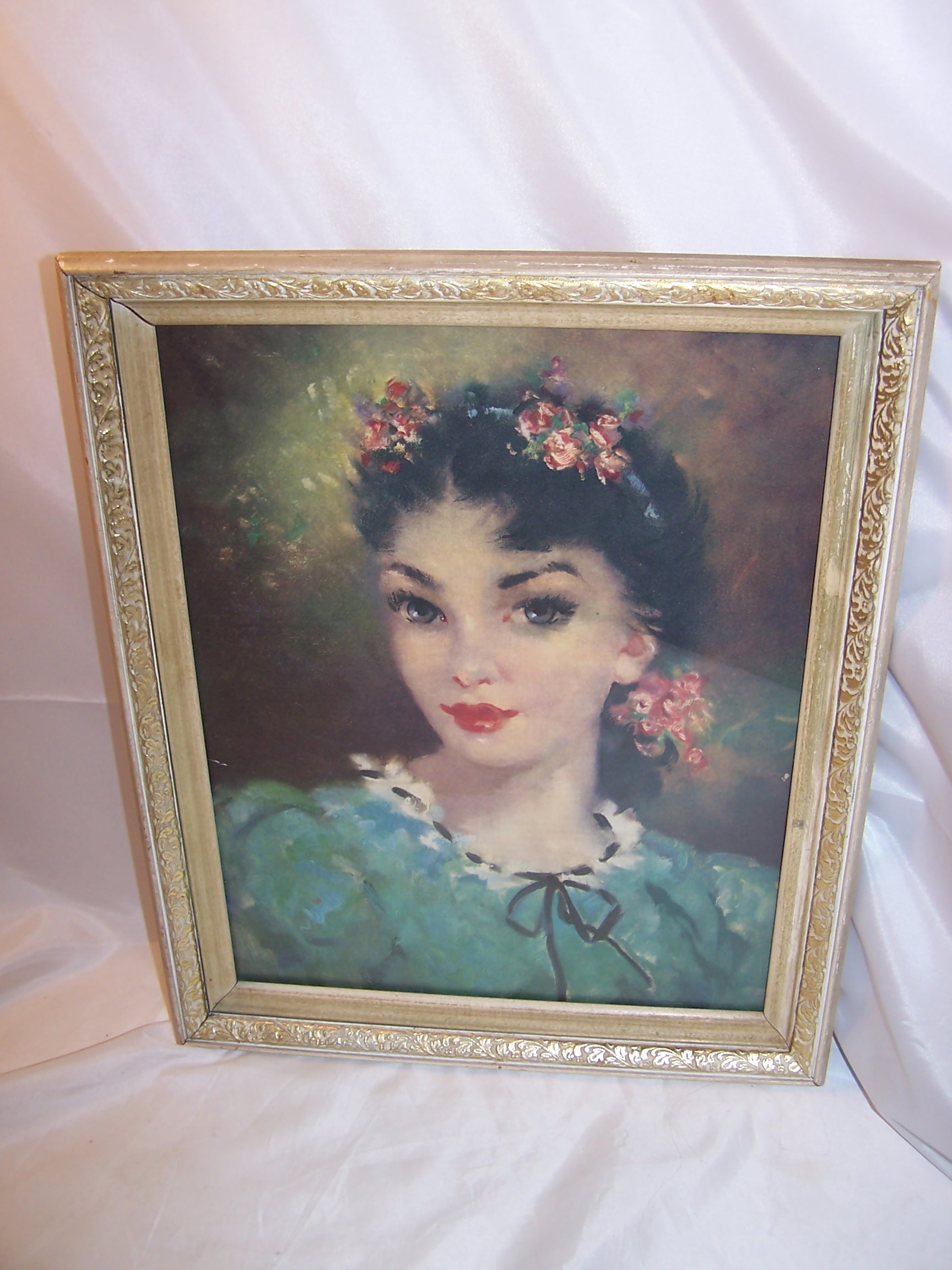 Dark Haired Beautiful Woman Lithograph, Vintage, Framed