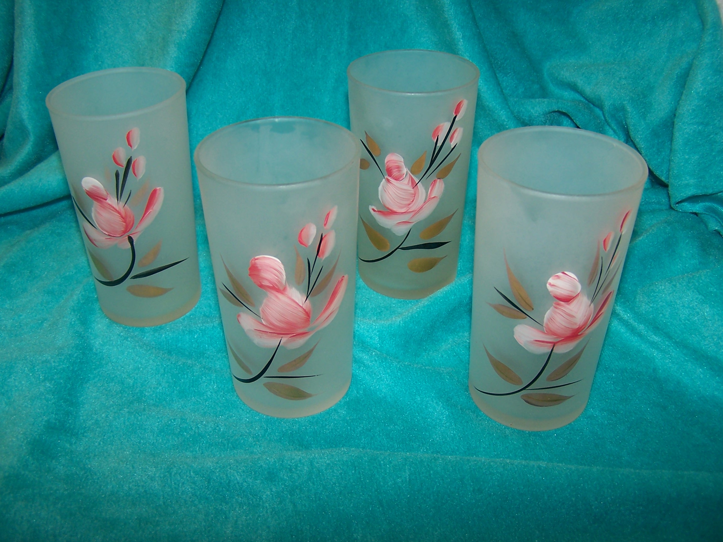 Image 0 of Frosted Glasses w Pink Rosebud, Gold Leaves, Set of Four, Vintage