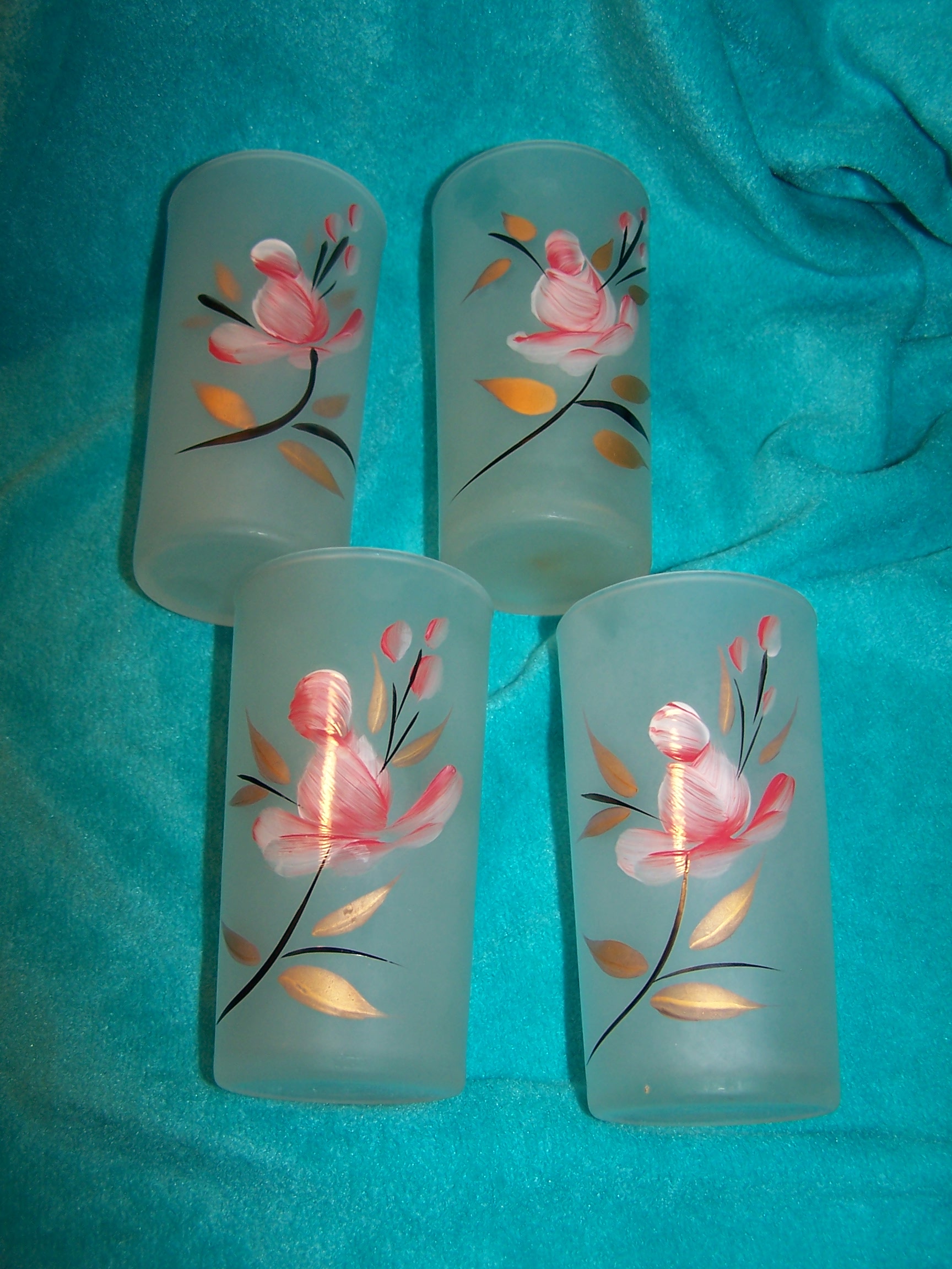 Image 2 of Frosted Glasses w Pink Rosebud, Gold Leaves, Set of Four, Vintage