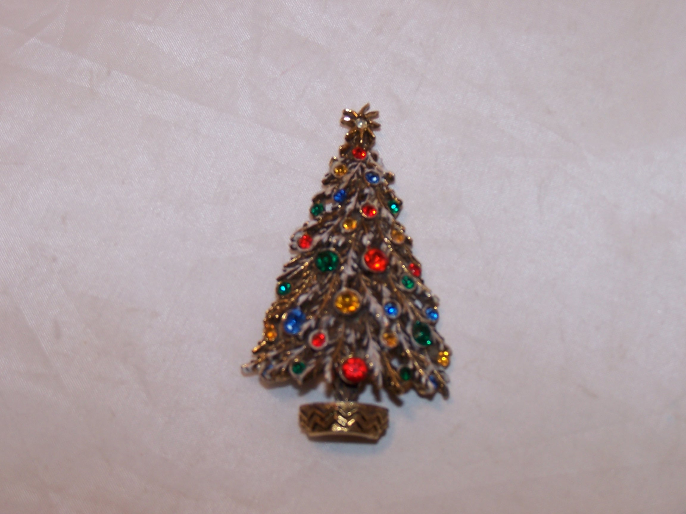 Christmas Tree Brooch, Pin, Multi Color Stones, Gold, ART