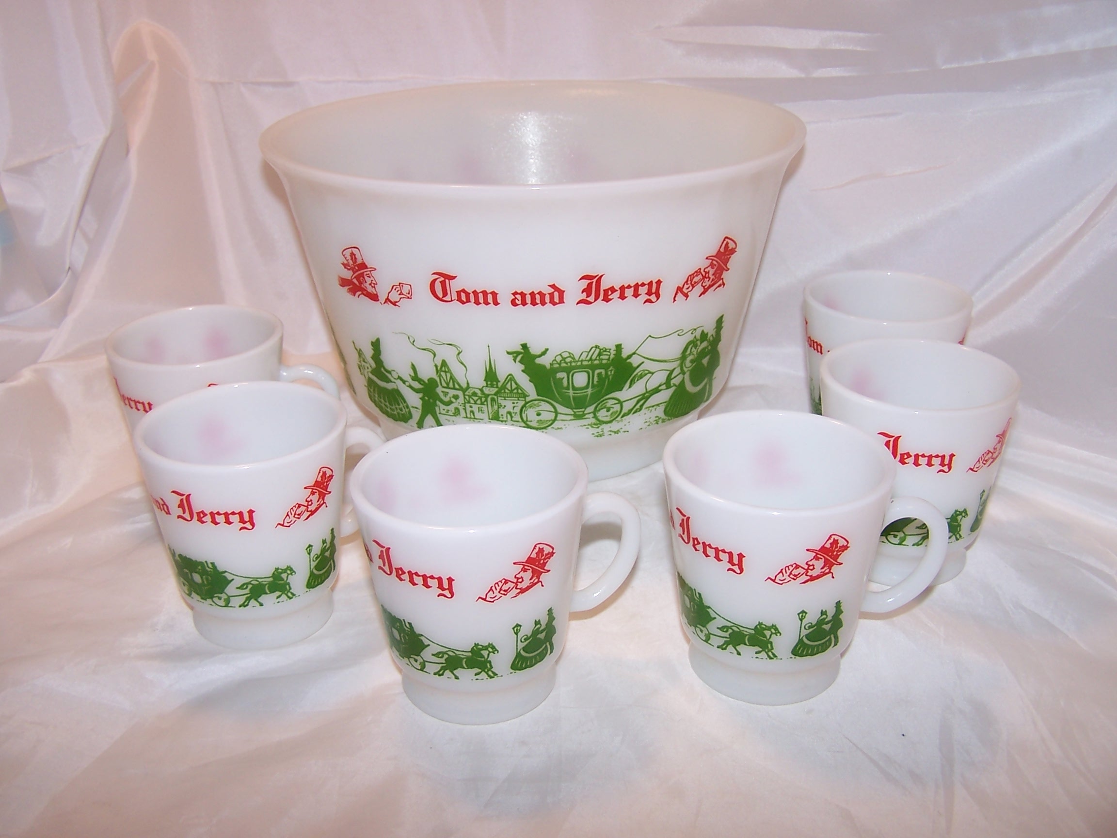 Egg Nog Punch Bowl, Mugs, Peach Lustre, Fire King