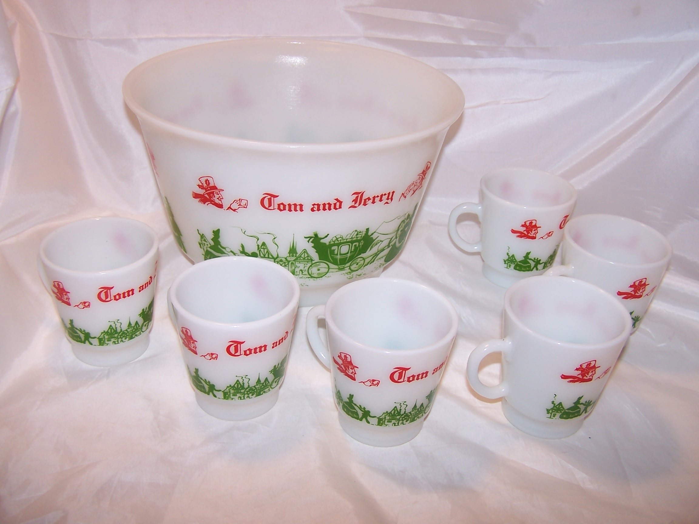 Image 2 of Tom and Jerry Punch Bowl, Mugs, Milk Glass, Original Box, Hazel Atlas