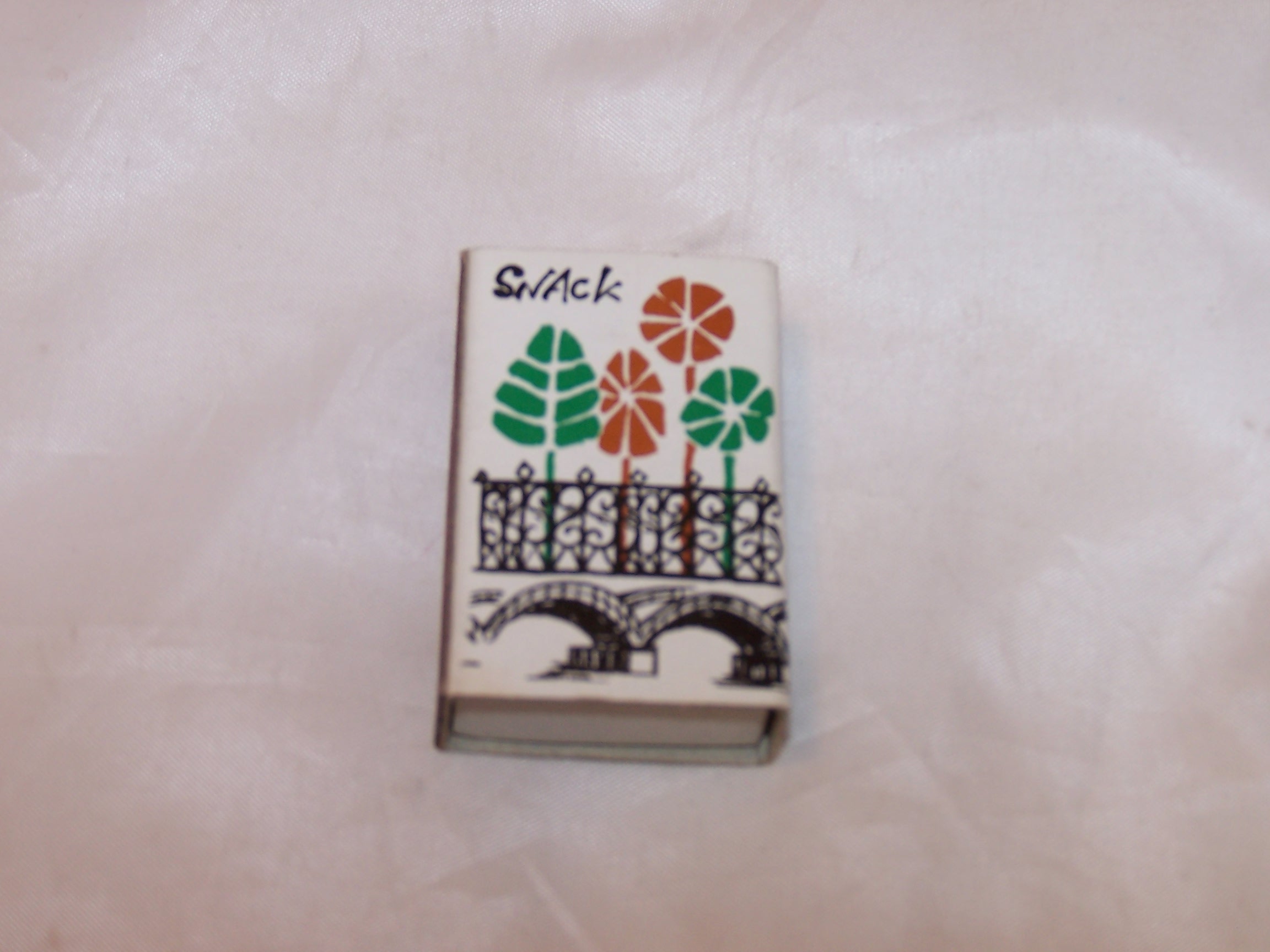 SNACK Japanese Matchbox w Trees on Ornate Arched Bridge