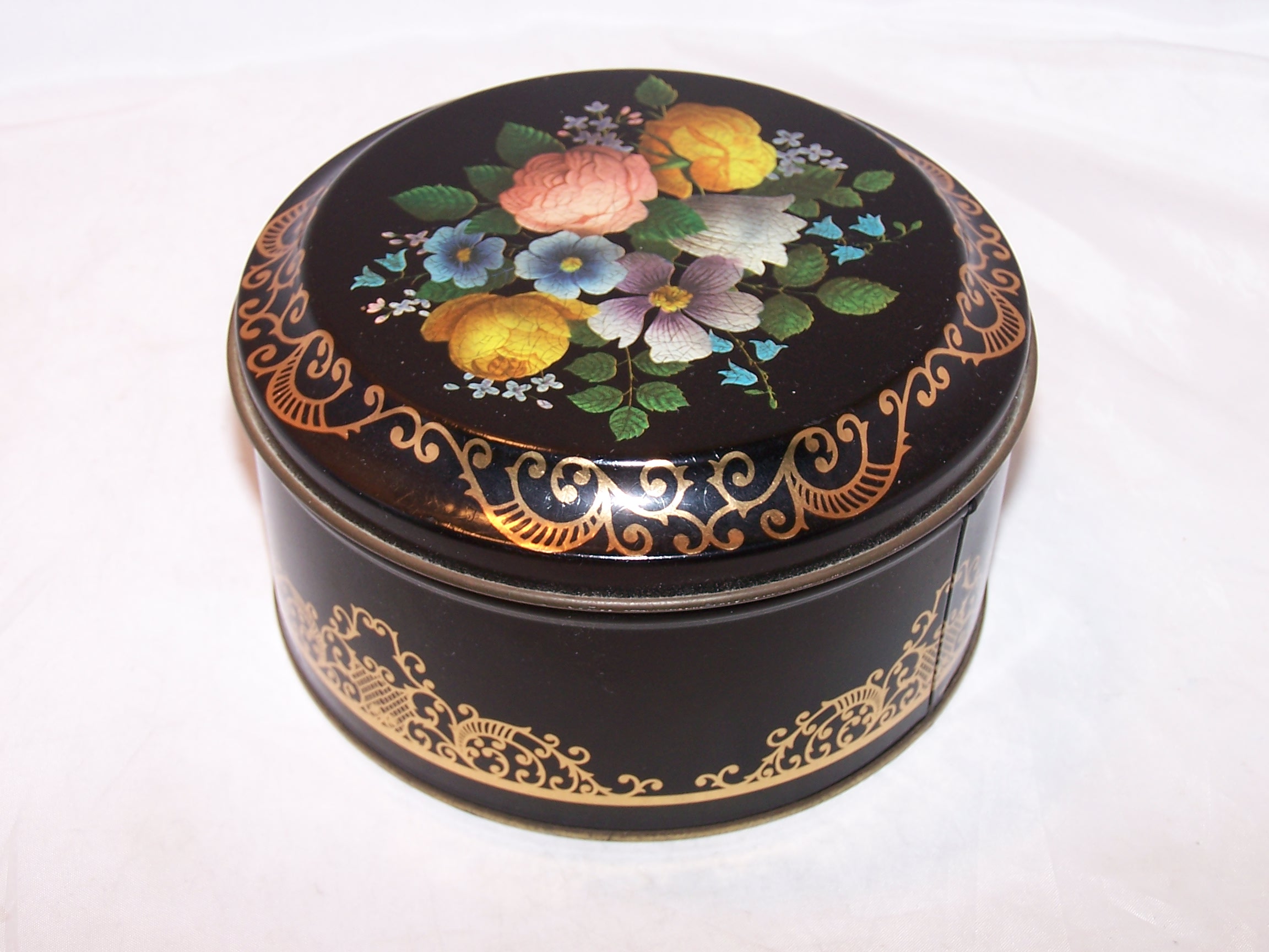 Image 1 of Flowers, Gold Scrollwork Tin Box, England