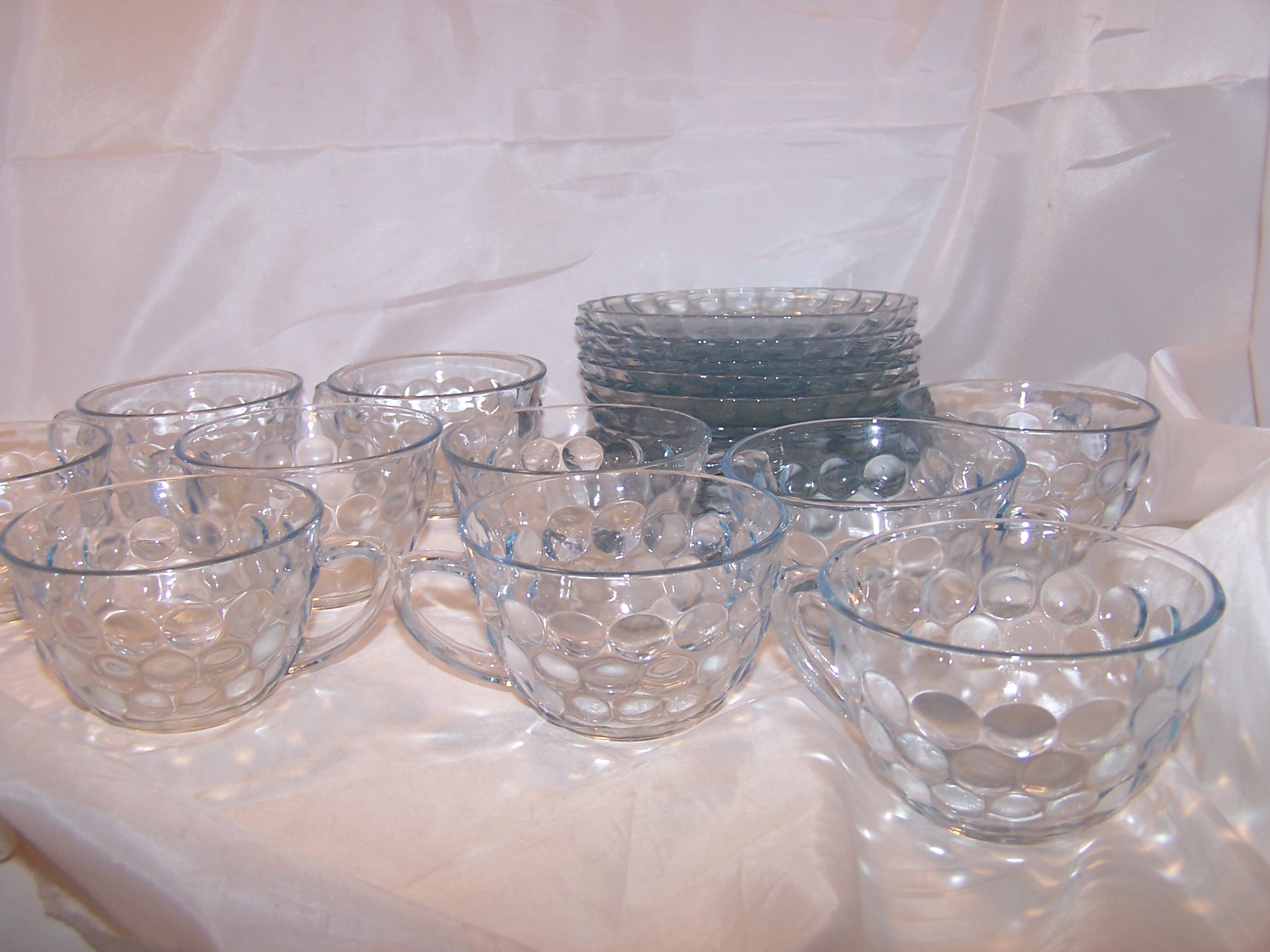 Image 3 of Hobnail Glass Teacup, Saucer Service for 10, Vintage