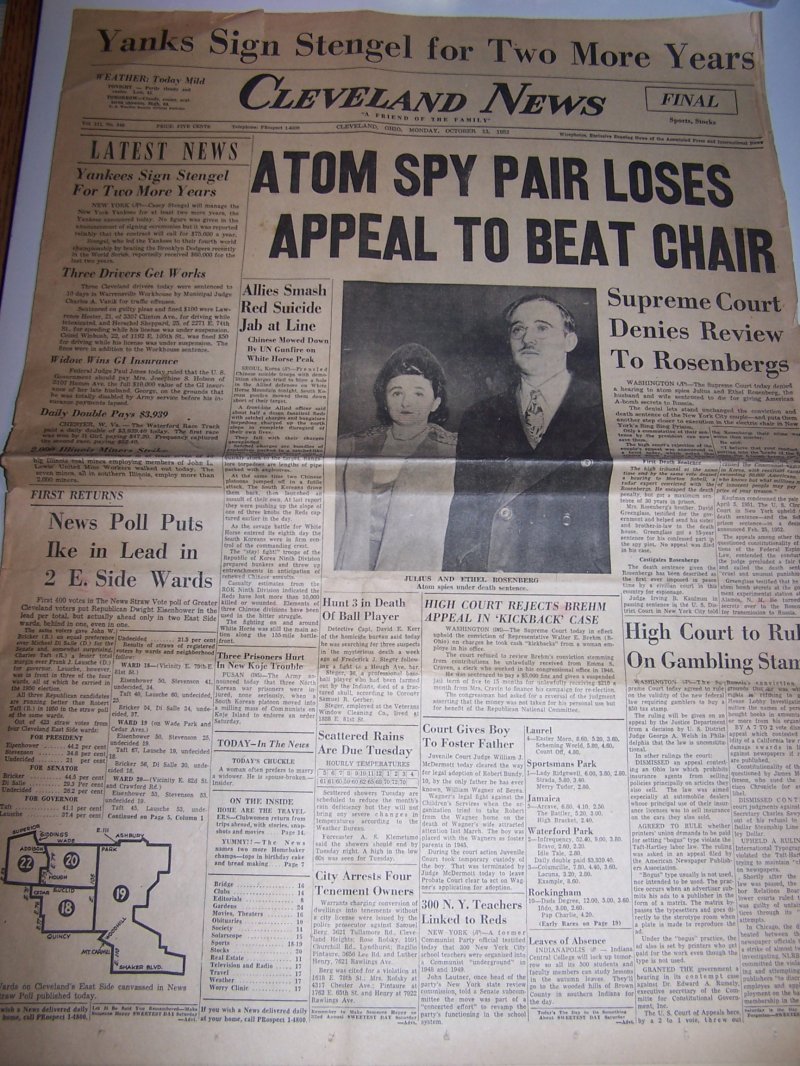 Image 1 of Rosenberg Spies Lose Appeal, 1952, Cleveland News Newspaper 