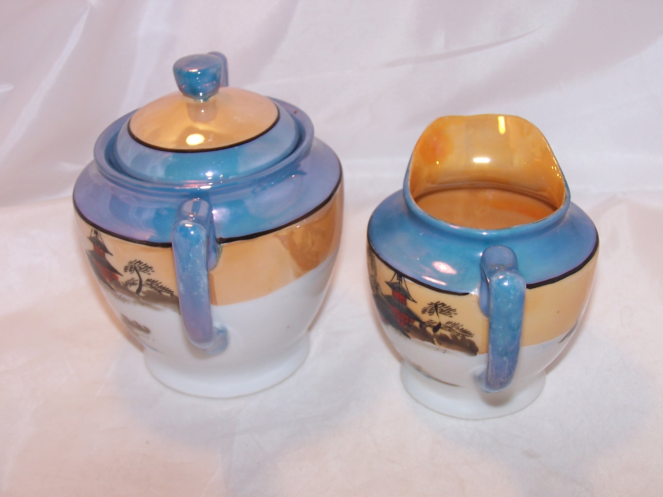 Image 3 of Lusterware Creamer, Sugar Bowl, Hand Painted, Japan, Double Diamond T