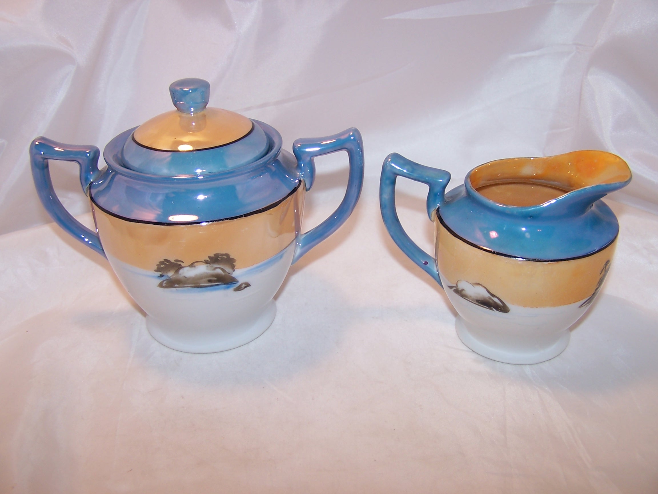 Image 4 of Lusterware Creamer, Sugar Bowl, Hand Painted, Japan, Double Diamond T
