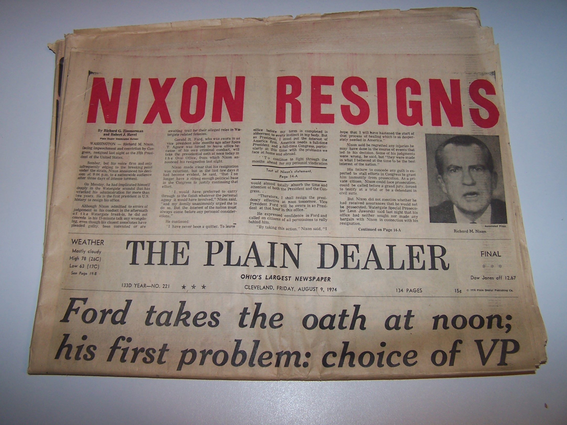 Nixon Resigns, 1974 Newspaper