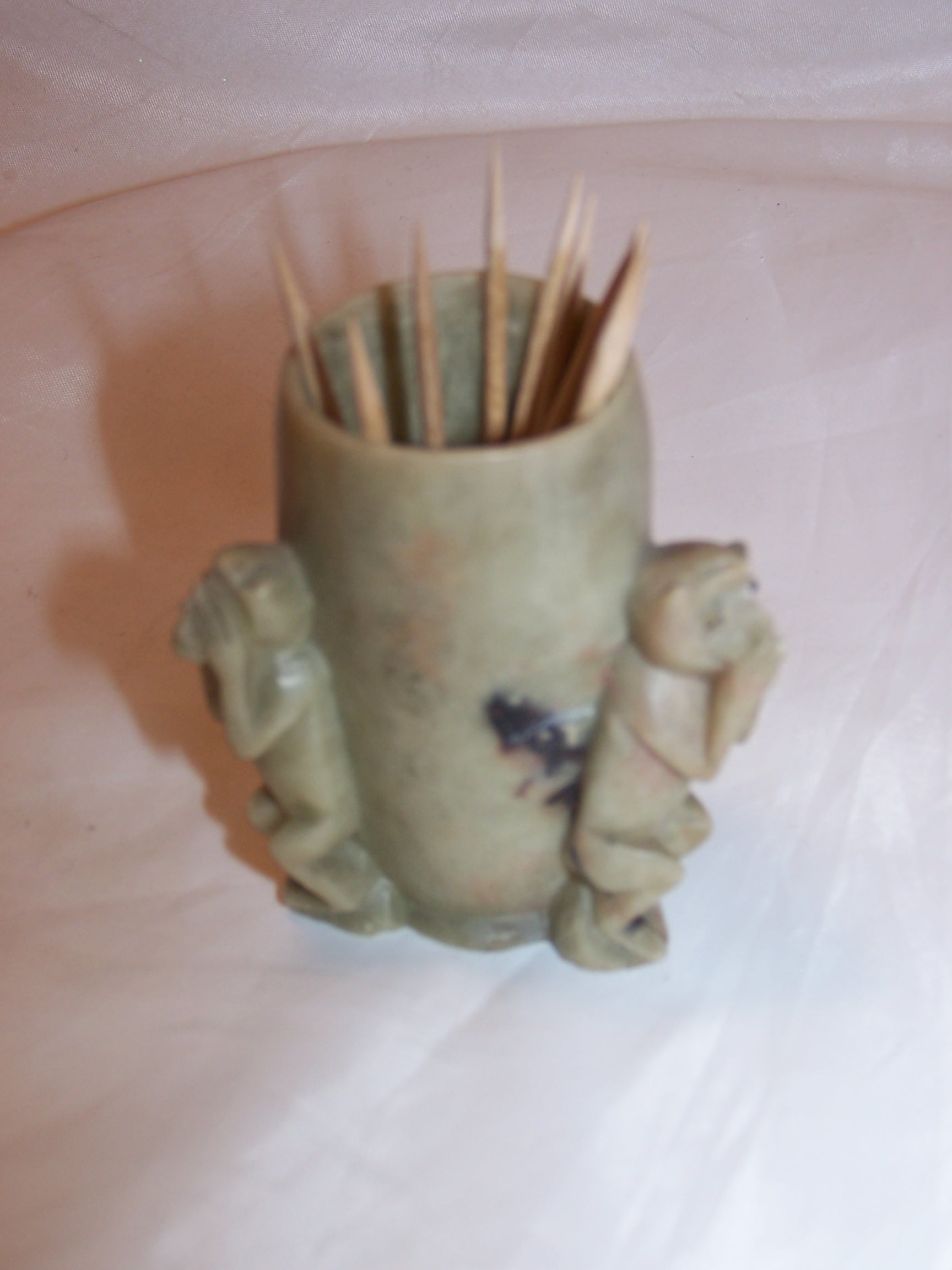 Three Monkey Brush Pot, Toothpick Holder, Soapstone, Hand Carved, Vintage