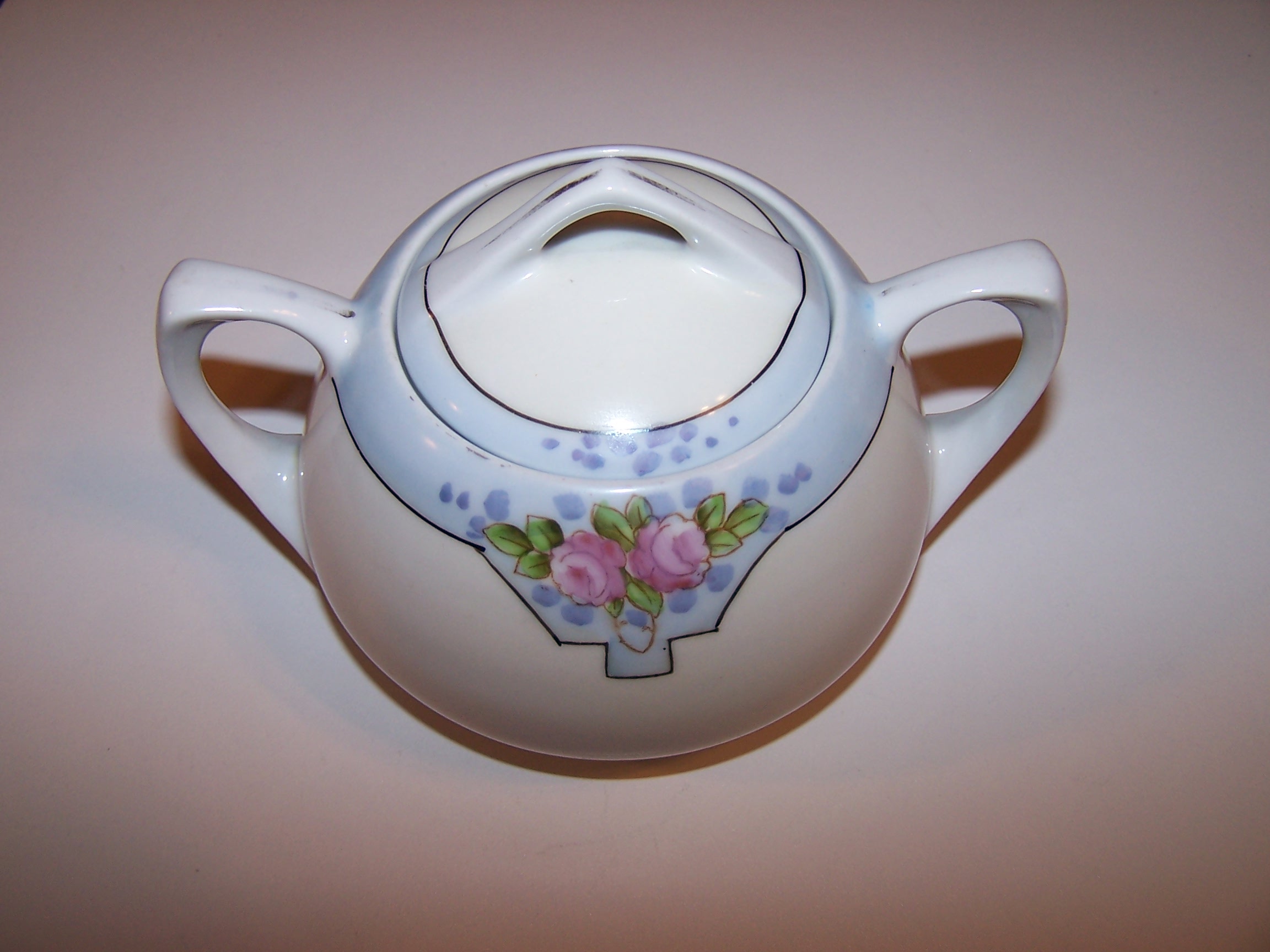 Image 2 of Meito China Sugar Bowl, Pink Roses w Blue Spots