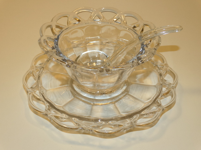 Image 13 of Imperial Glass Crocheted Crystal Bowl, Saucer, Ladle