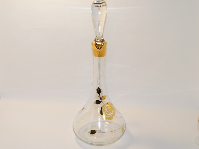Image 4 of Decanter w Six Glasses, Crystal w Gold Roses