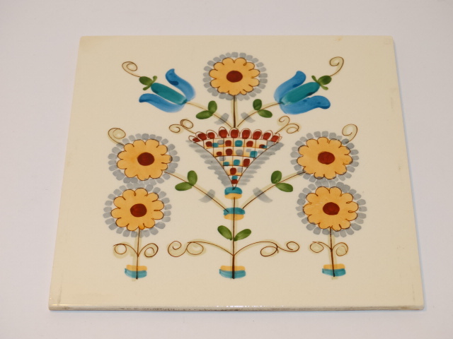 German Ceramic Tile, Floral Blue Brown Red