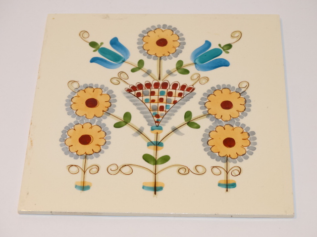 Image 3 of German Ceramic Tile, Floral Blue Brown Red