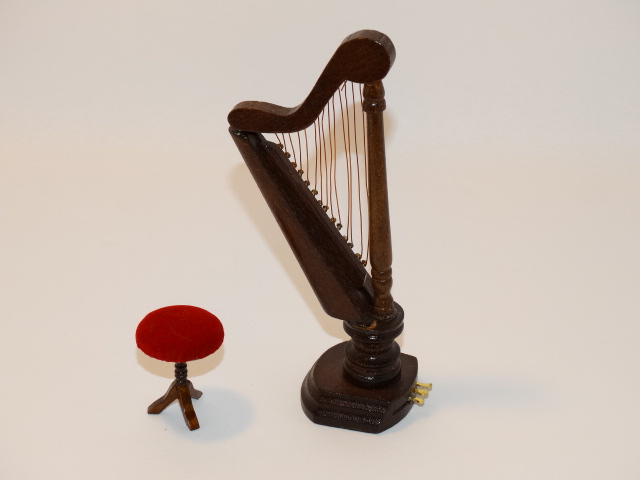 Dollhouse Harp and Stool, Wood, Red Velvet