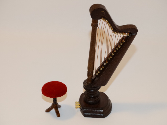 Image 3 of Dollhouse Harp and Stool, Wood, Red Velvet