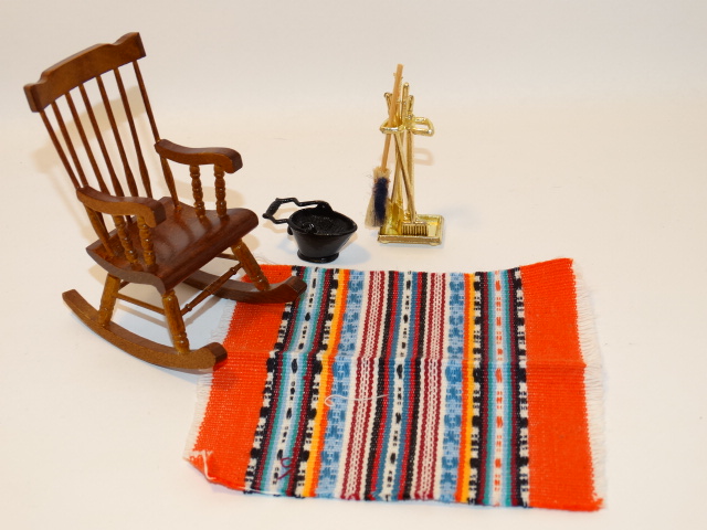 Dollhouse Rocking Chair, Rug, Fireplace Tools