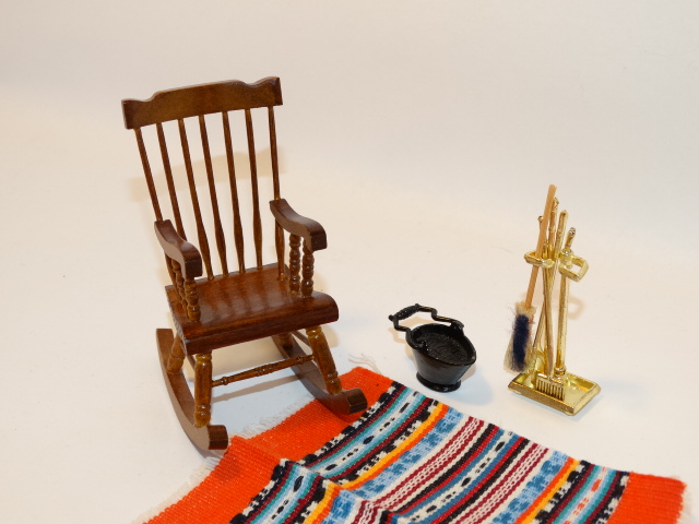 Image 1 of Dollhouse Rocking Chair, Rug, Fireplace Tools