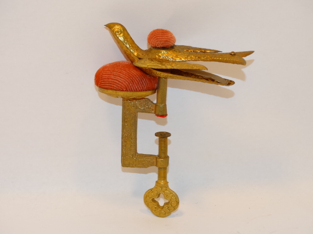 Image 2 of Sewing Bird Clamp Pincushion Bird Stamped Metal Vintage