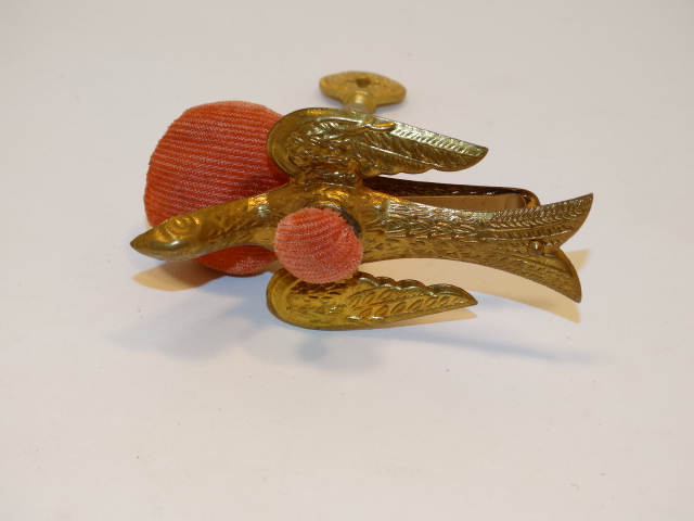 Image 4 of Sewing Bird Clamp Pincushion Bird Stamped Metal Vintage