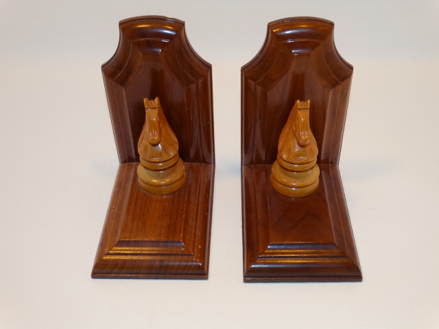 Image 1 of Bookend Set Chess Knight Hand Carved Wood