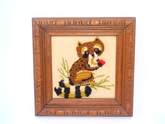 Image 1 of Folk Art Vintage Embroidery Animals Carved Frames