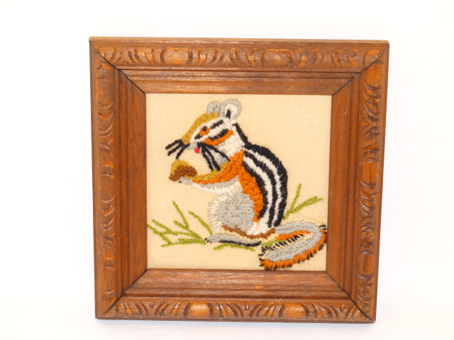 Image 2 of Folk Art Vintage Embroidery Animals Carved Frames