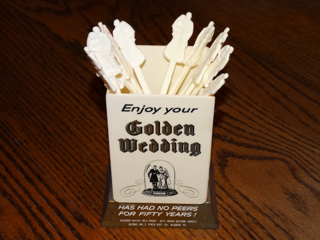 Image 1 of Golden Wedding Swizzle Sticks with Holder Stand 1964