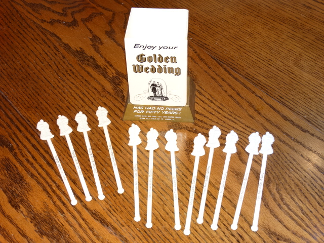 Golden Wedding Swizzle Sticks with Holder Stand 1964