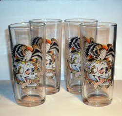 Don Ed Hardy Battle Skulls Hi Ball Glasses Set of 4 Tattoo Gift Set 