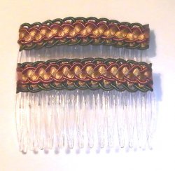 Hair Combs Silk Embroidered Set of 2 Jungle Green Rust Gold