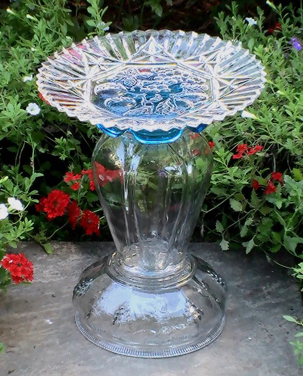 Glass Garden Bird Bath Feeder Diana Blue Federal Pioneer Fruit Pattern OOS