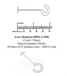 Avery Dennison 08901-2-1000 (2 inch / 50mm) Natural Standard J Hooks