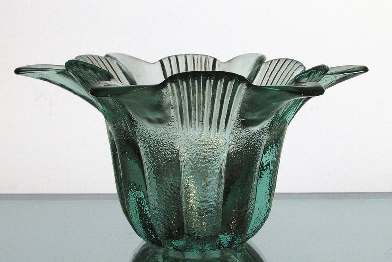 Flower Candle Holder with Scalloped and Ridged Petals Green Glass OOS