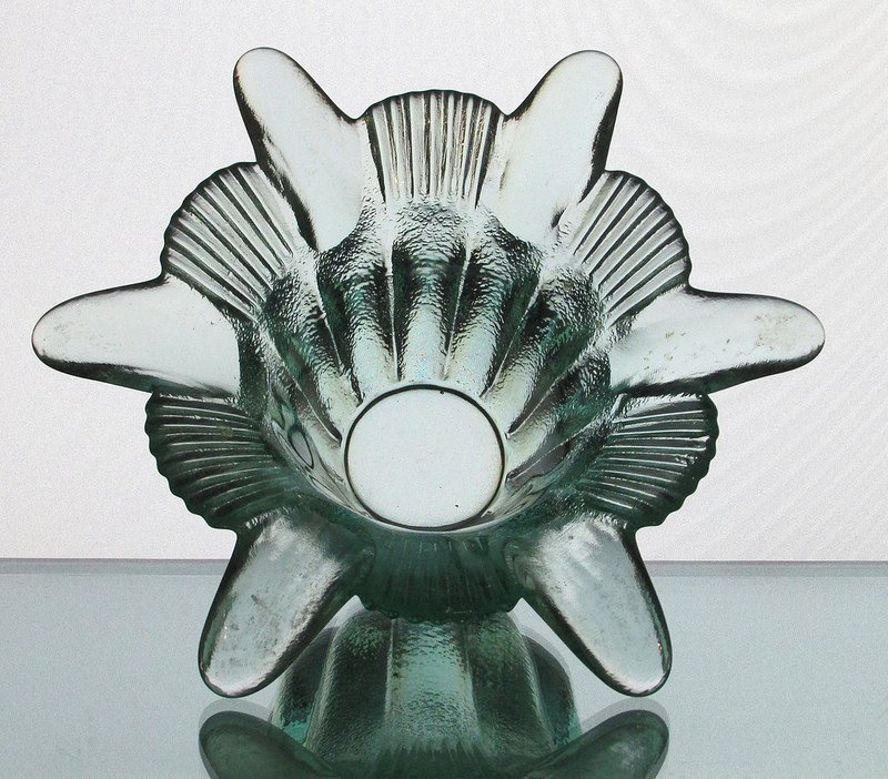 Flower Candle Holder with Scalloped and Ridged Petals Green Glass OOS