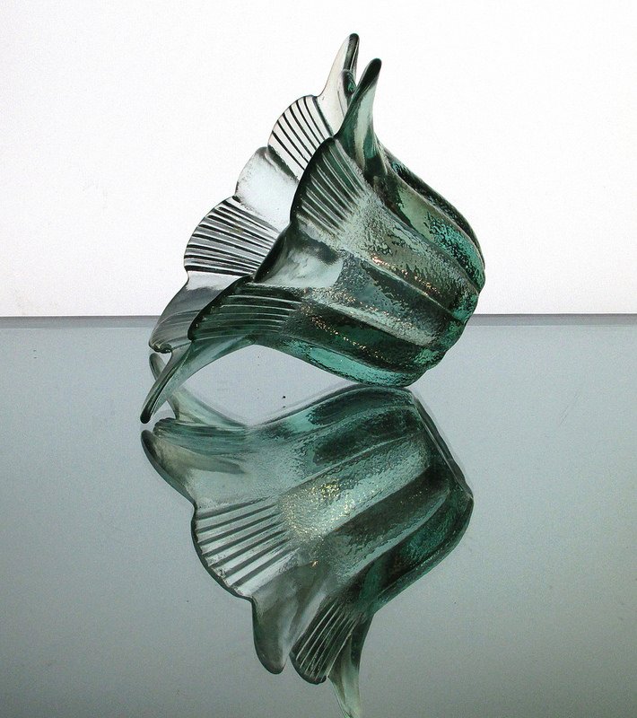 Flower Candle Holder with Scalloped and Ridged Petals Green Glass OOS