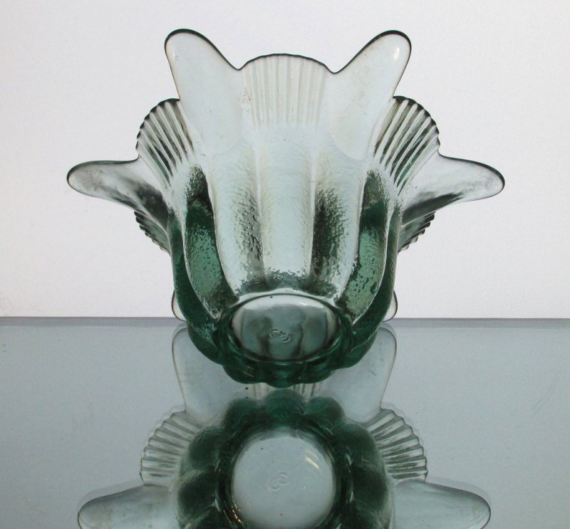 Flower Candle Holder with Scalloped and Ridged Petals Green Glass OOS