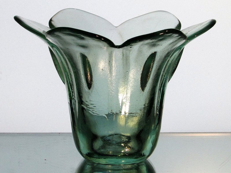 Flower Hanging Candle Holder with Scalloped Petals Green Glass OOS