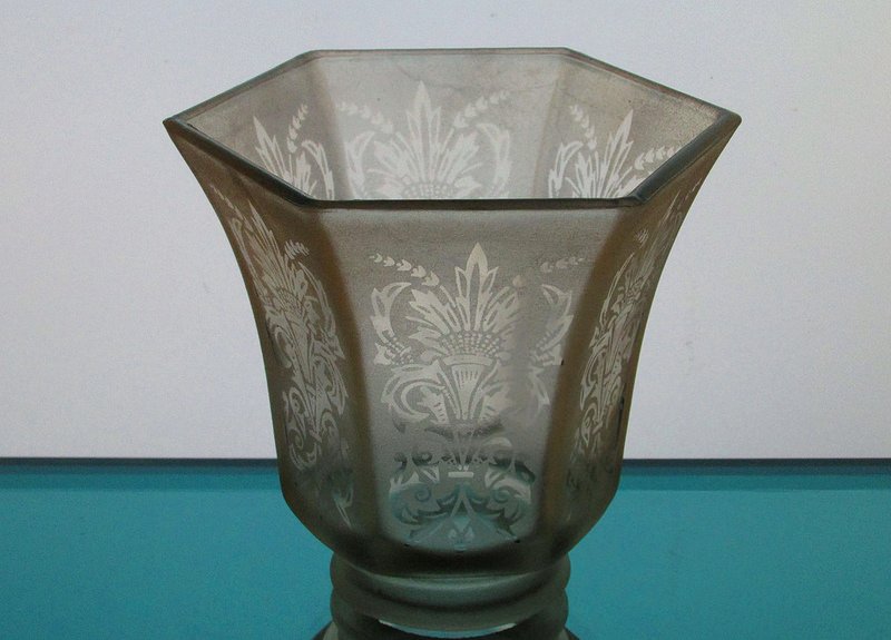 Glass Lamp Shade 2 1/8 fitter Antique Satin Fleur De Lis Spray Pale Amber