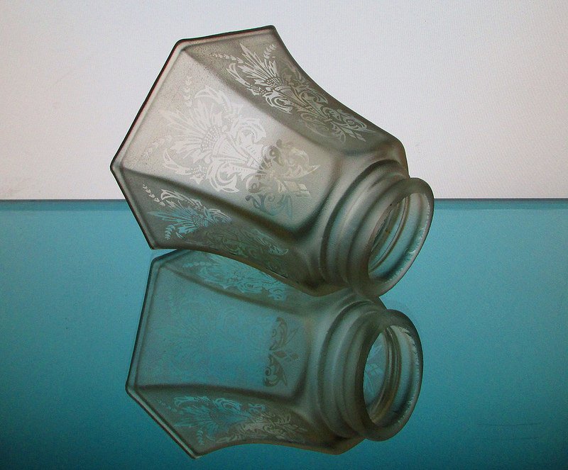 Glass Lamp Shade 2 1/8 fitter Antique Satin Fleur De Lis Spray Pale Amber